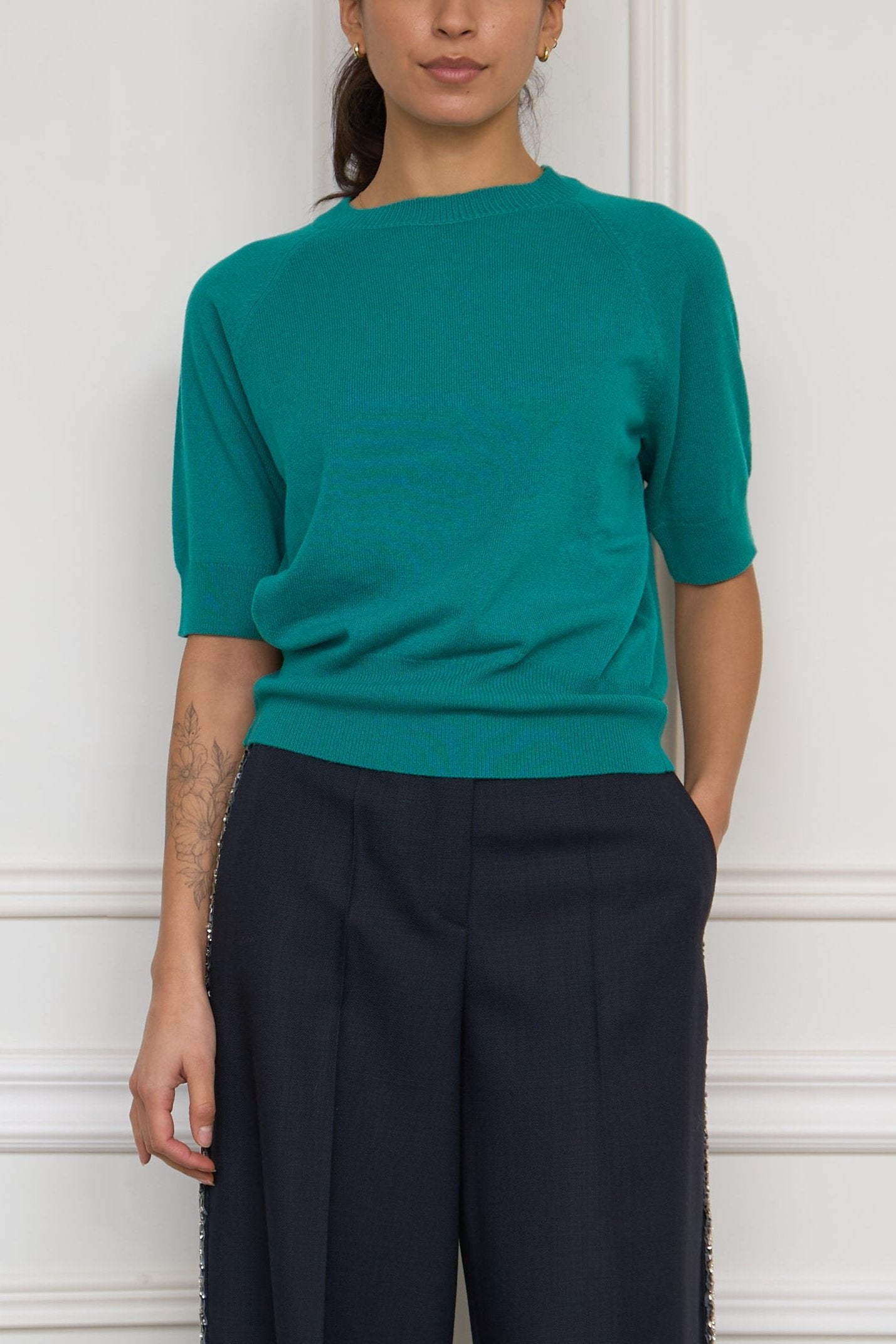 Cashmere Kurzarm-Pullover in petrol