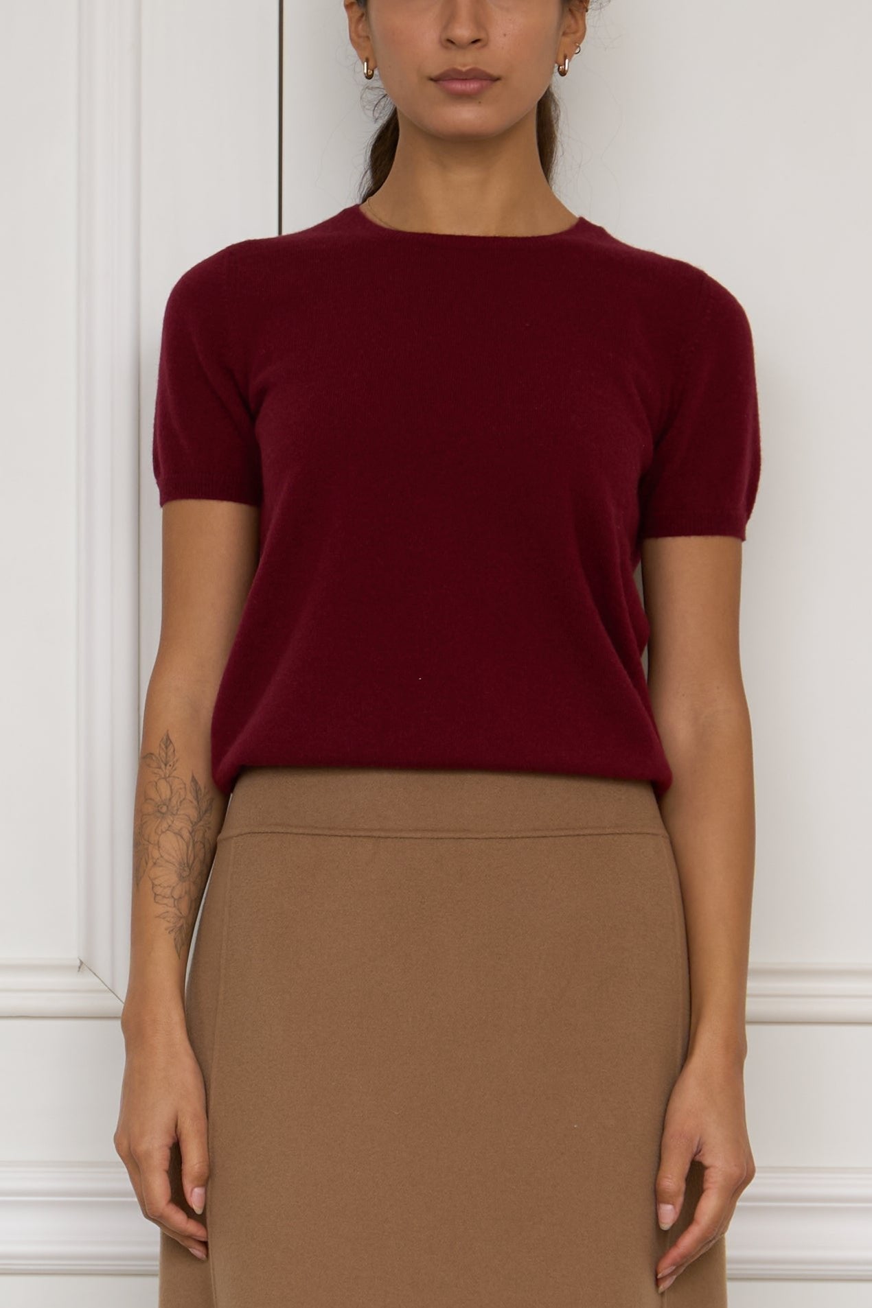 Cashmere Kurzarm-Pullover in bordeaux